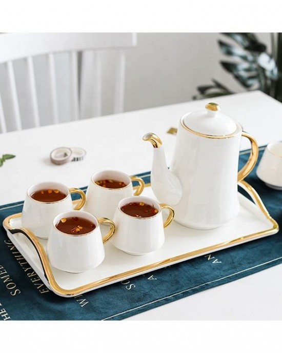 European tea Coffee Cup Teapot With Tray 8 Pieces White Black Gold Handle Ceramic tea set European tea Coffee Cup Teapot With Tray 8 Pieces White Black Gold Handle Ceramic tea set