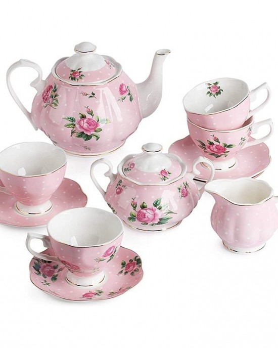 Floral Gold Pattern Banquet Eco-Friendly Fine Bone China 17pcs Coffee Tea Set for Cups and Saucer pink Color Shining Golden Line Floral Gold Pattern Banquet Eco-Friendly Fine Bone China 17pcs Coffee Tea Set for Cups and Saucer pink Color Shining Golden Line