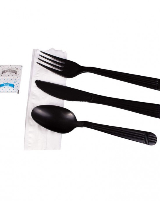 Heavy weight Take Away Travel Disposable Plastic Black Utensils Cutlery Set Spoon Fork Knife with napkin salt pepper Heavy weight Take Away Travel Disposable Plastic Black Utensils Cutlery Set Spoon Fork Knife with napkin salt pepper