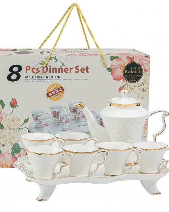 Luxury European Style White Color 8pcs Porcelain Coffee Tea Set With Gold Plated Ceramic Tea Pot and Cup Set Luxury European Style White Color 8pcs Porcelain Coffee Tea Set With Gold Plated Ceramic Tea Pot and Cup Set